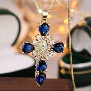 18K Gold Blue Zircon Virgin Mary Cross Pendant Necklace